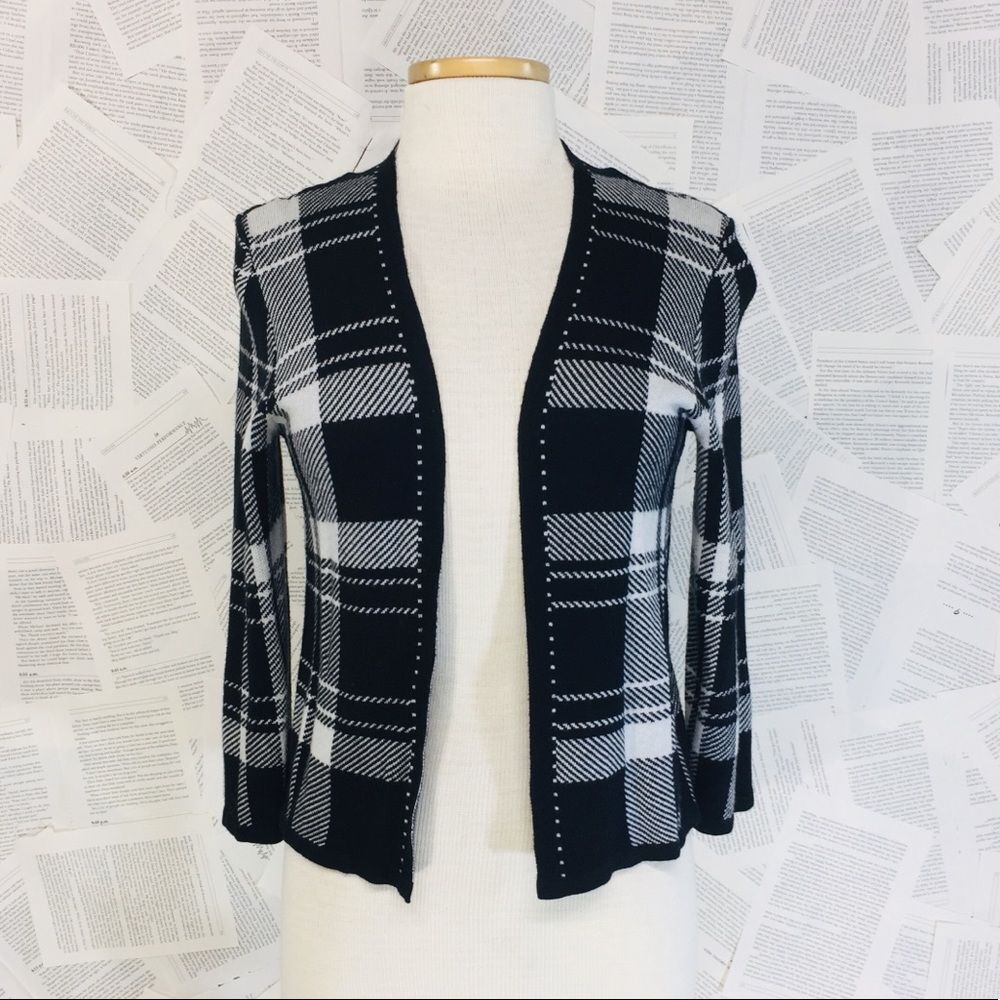 Black And White Plaid Open Cardigan Sweater MP